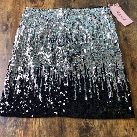 NWT Maner Black/Silver Ombre sequin skirt bodycon Sz L Glitter - Picture 4 of 5